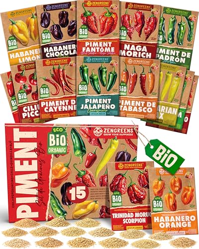 ZenGreens® - Kit de graines de piment bio - 15 variétés pour une culture facile dans le jardin, sur le balcon ou dans une jardinière surélevée - Semences légumes