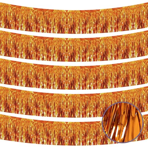 Image of 5 Pack 10 Feet Orange Foil Fringe Garland Tinsel Streamers for Parade Float Metallic Tinsel Fringe Banner for Birthday Party Decor Halloween Christmas Decoration (Orange)