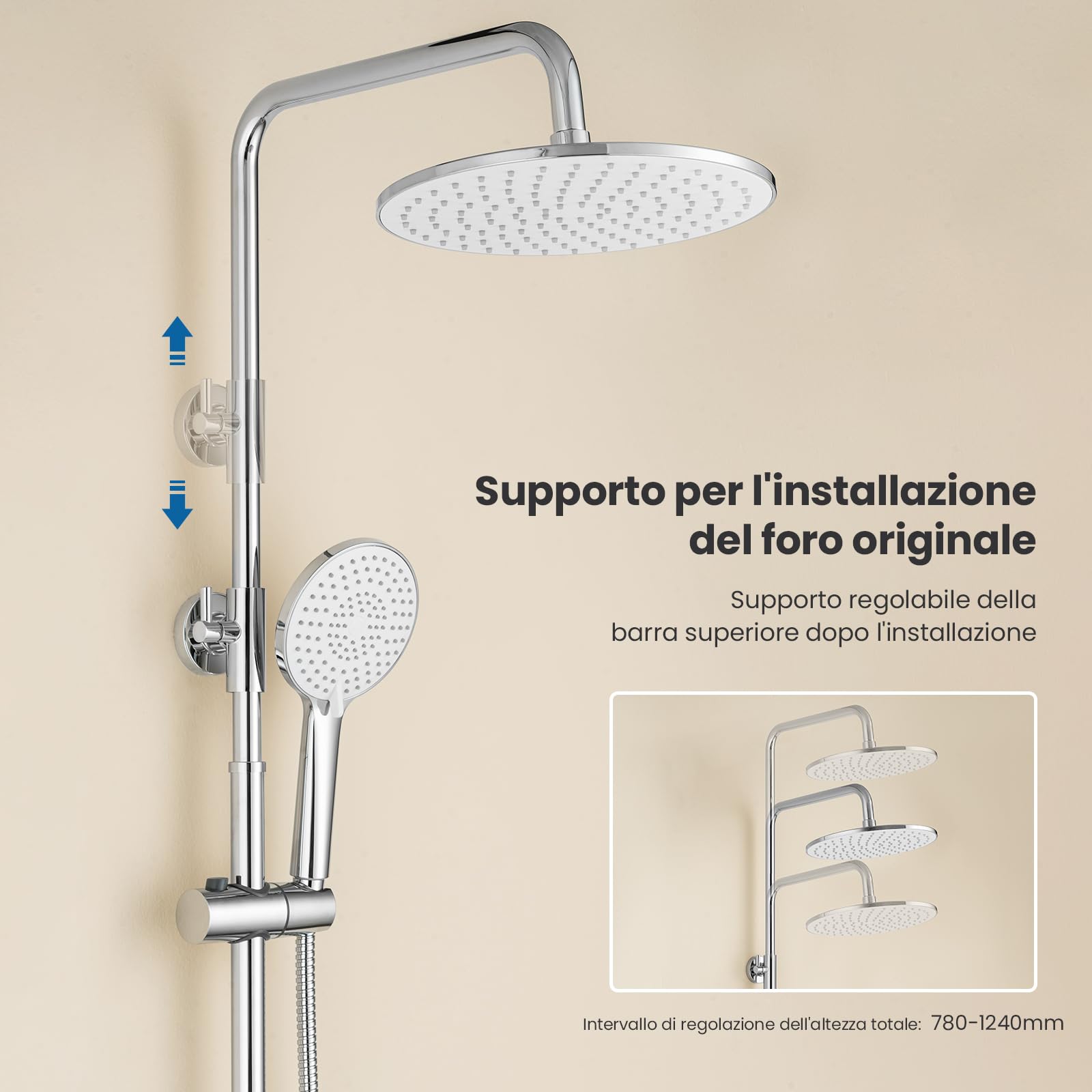 Auralum Colonna Doccia con Miscelatore, Saliscendi Doccia con Soffione e Doccetta Altezza Regolabile, Asta Kit Doccia Acciaio Inox, Cromo