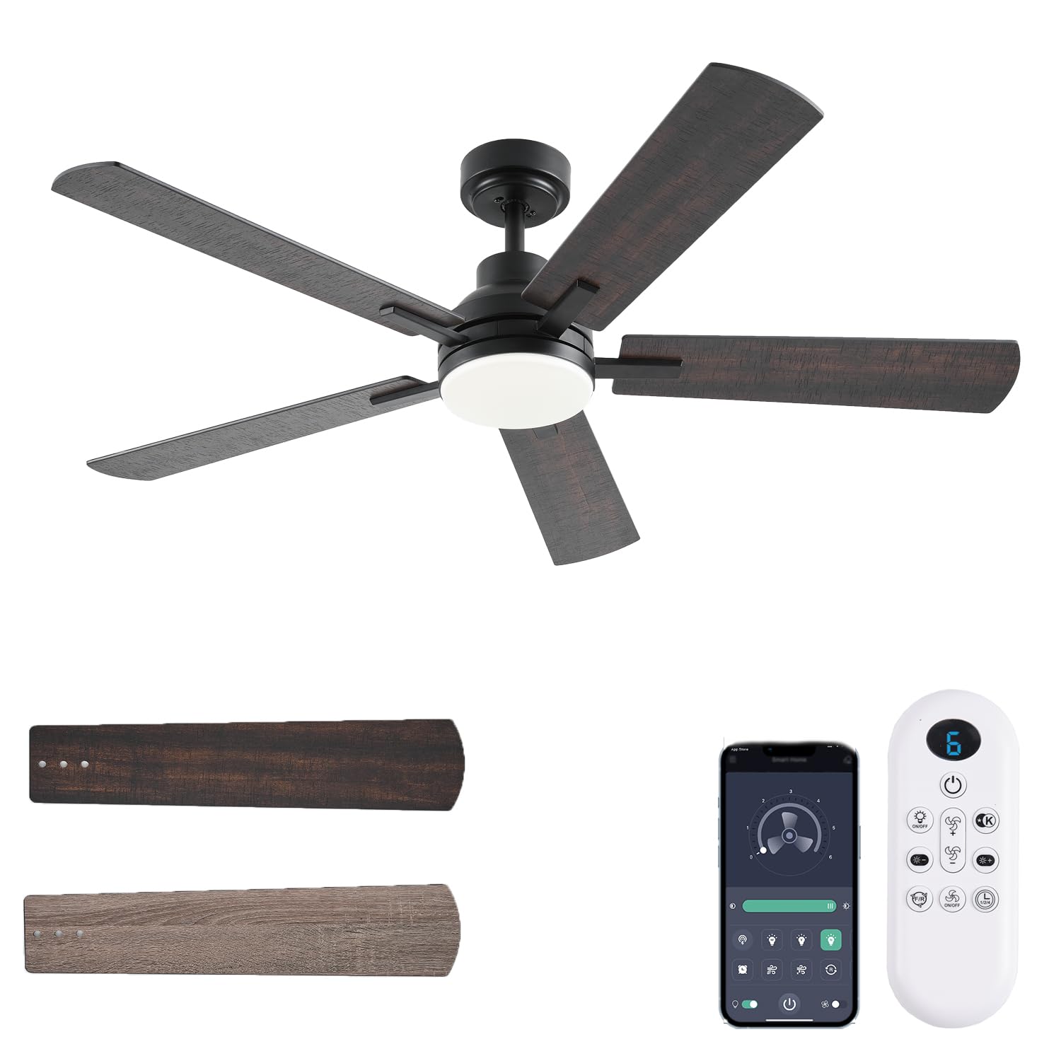 JSAITEE 52 Inch Smart Ceiling Fan with Lights, Remote & App Control, DC Reversible Motor, 8 Speeds Quiet 35dB, 3CCT Dimmable LED, Low Profile Modern Ceiling Fans for Bedroom Living Room, Brown