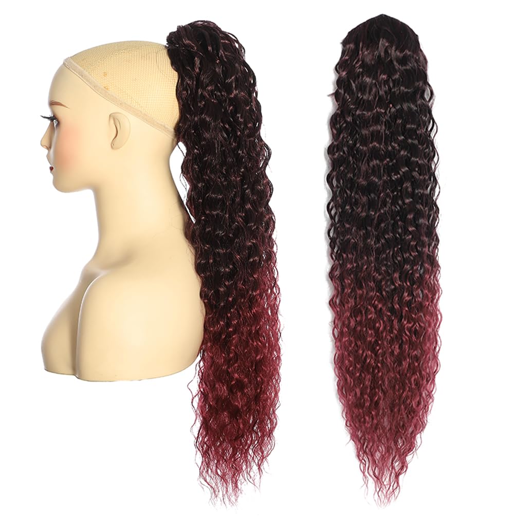 BALINGHAIR Deep Wave Ponytail Extension for Women 12 Inch Black to Burgundy Red Curly Wavy Ponytail Hair Extensions Drawstring with Clips Short