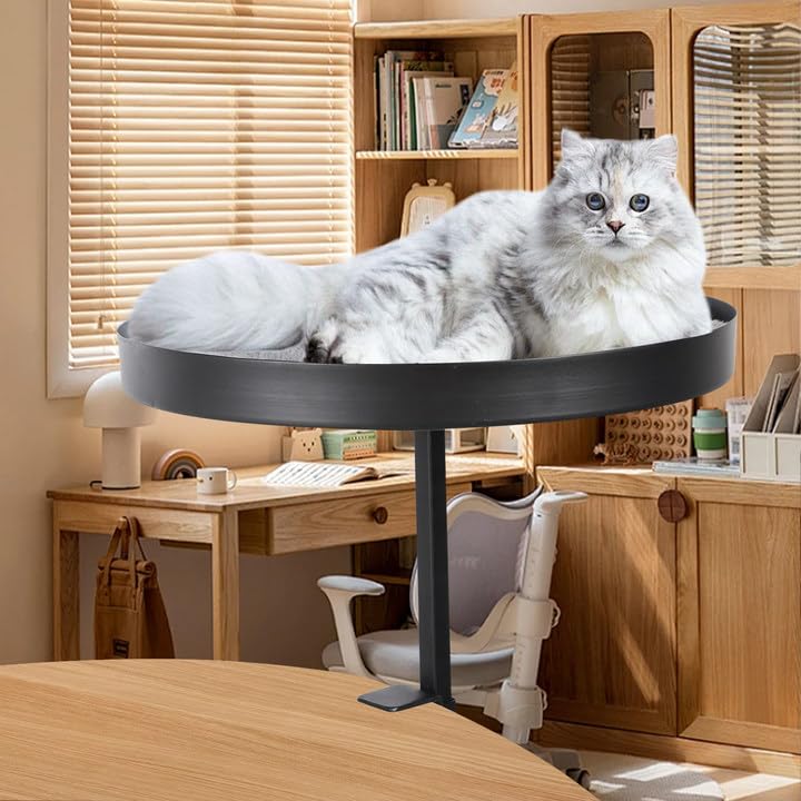 Cat Bed for Desk, Cat Hammock Bed Height Adjustable, Elevated Kitten House Over Desk with Pet Cushions, 30 cm Removable Desktop Clamp kitty Nest, Metal Bracket Supports to 44 lbs, for Home Office