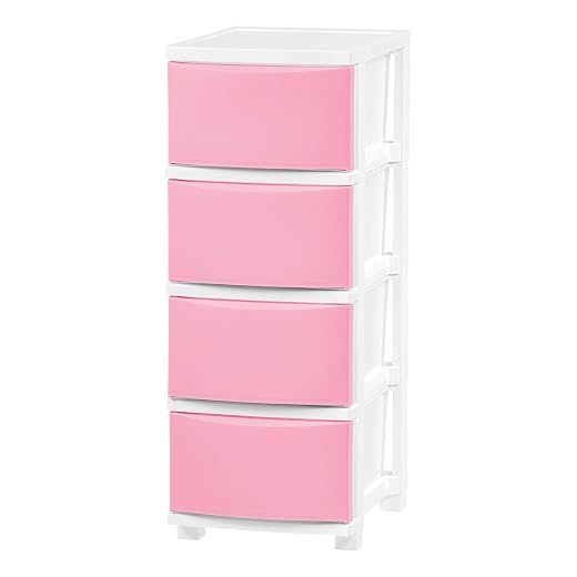IRIS USA 4 Slim Drawer Storage, Organizer Unit for for Classroom Art Supplies Closet Bathroom Dorm Bedroom Laundry Room, White Frame with Matte Soft-Pink Front Panels, Set of 1