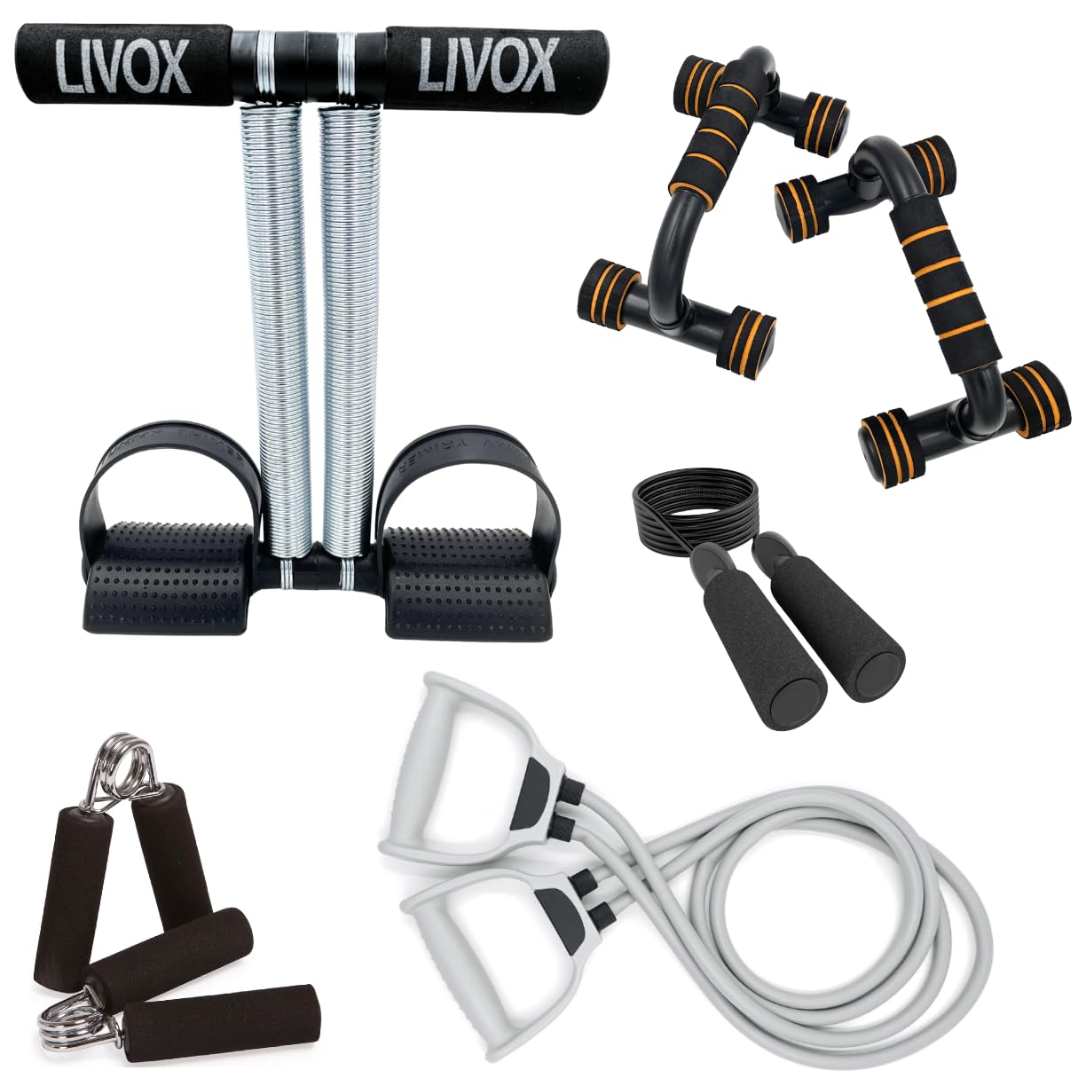 LIVOX Gym Equipment Set for Home Workout Combo Men Women Exercise Gym Kit – Includes Item (Tummy Trimmer, Pushup Stand, Resistance Tube Band, Skipping Rope and Hand Gripper)
