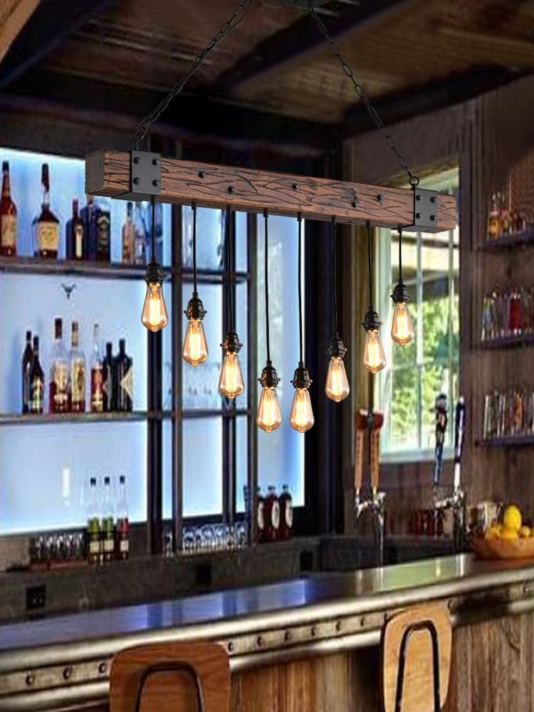 E27 Hängeleuchte Retro Pendelleuchte Esstisch Industrial Hängelampe Aus Holz 8-Flammige Hängeleuchte Retro Esszimmerlampe Holzbalken Vintage Pendellampe Für Wohnzimmer Küche Bar Restaurant