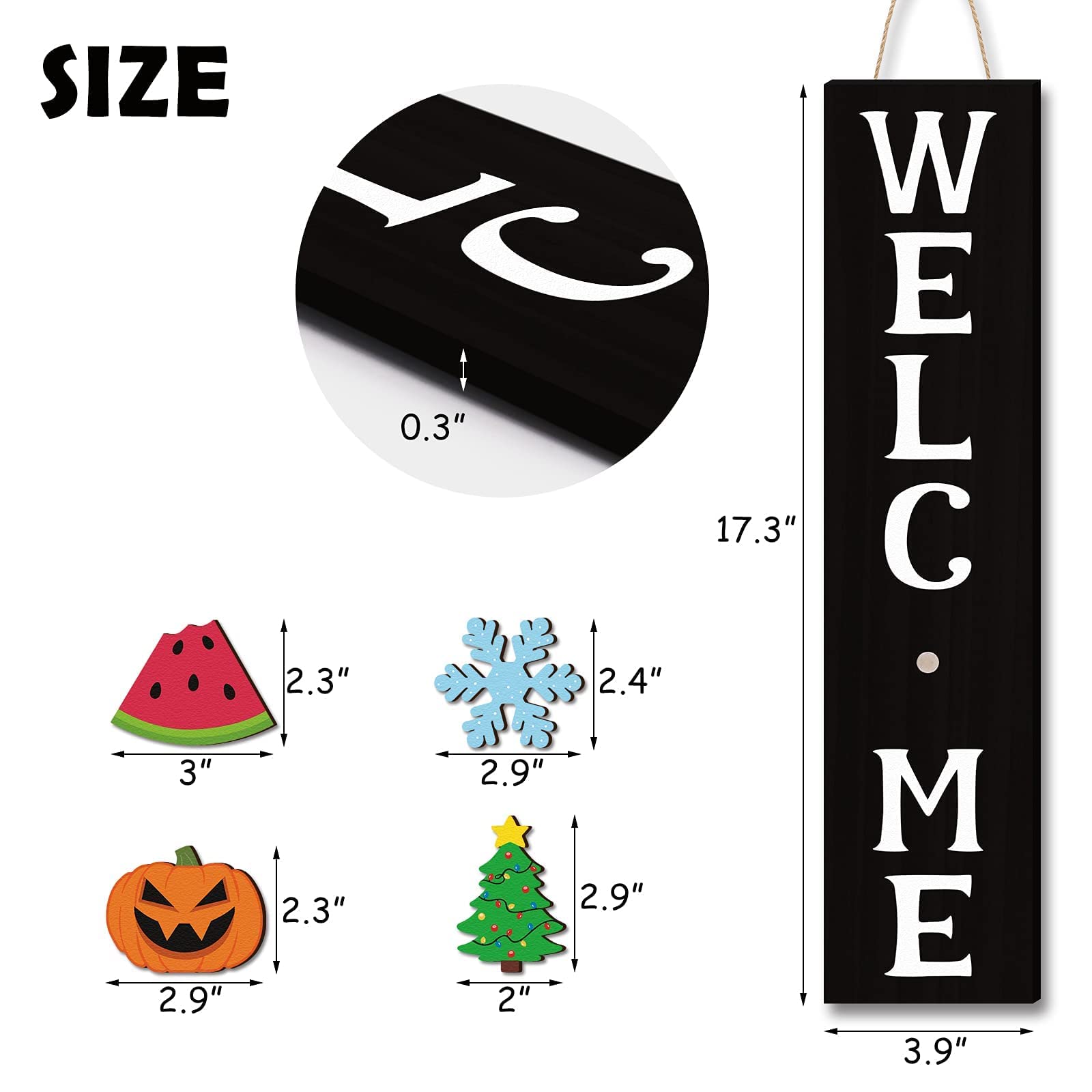 Interchangeable Mini Welcome Vertical Door Sign Wooden Indoor Outdoor Hanger with 15 Pcs Seasonal Replaceable Ornaments Rustic Farmhouse Porch Sign Home Decoration Ideas -Black