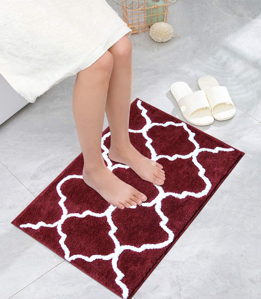 U'Artlines 2 Piece Bathroom Rug Non Slip Bath Mat Shaggy Soft Microfiber Machine Washable Area Rug Water Absorbent Shower Mats for Floor Kitchen Doormat (18''x26''+21''x34'', Wine Red)