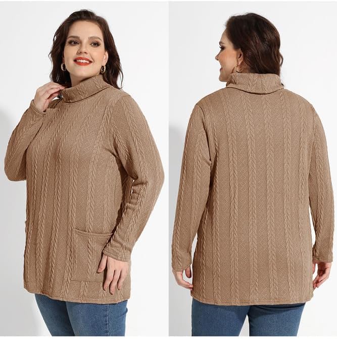 CARCOS Plus Size Sweaters for Women Turtleneck Cable Knit Sweater Long Sleeve Pullover Tops Casual Solid Shirts with Pockets - Image 3