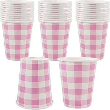 Pink Paper Cups Pink Gingham Party Supplies Easter Day Pink Coffee Cups Disposable Valentinesday Beverage Cups 30