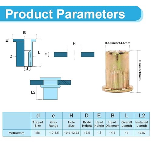 Vista 25 de Tuercas de remache, 50 piezas de 5/16 "-18 UNC, tuerca de inserción roscada de cabeza plana de acero al carbono, tuercas de cuerpo moleteadas