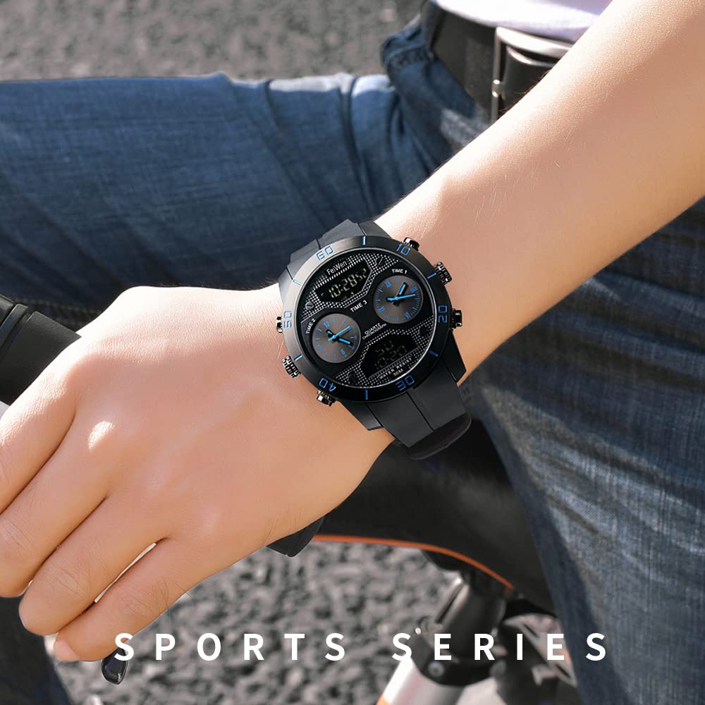 Hombre Fashion Outdoor Deportivo Relojes 50M Impermeable Cuarzo Analógico LED Electrónica Tres Tiempo Alarma Multifuncional Militar Digitale Reloj de Pulsera (Azul)