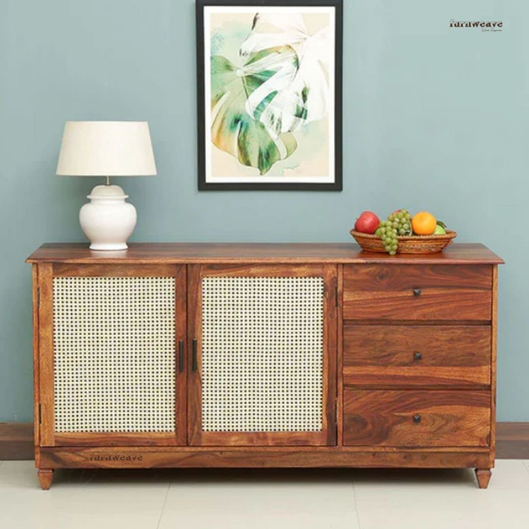 The Solid Wood Furniture Wooden Cane Door Sideboard | Wooden Cabinet for Storage | Two Door and Three Drawers | Honey Finish (Size 60x18x30 Inch) (Brown)-image-40