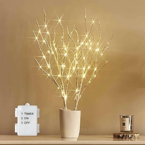 Miniatura 2 de Hairui Ramas de abedul iluminadas de 18 pulgadas 70 luces LED de sauce blanco que funcionan con pilas con temporizador para decoración de verano