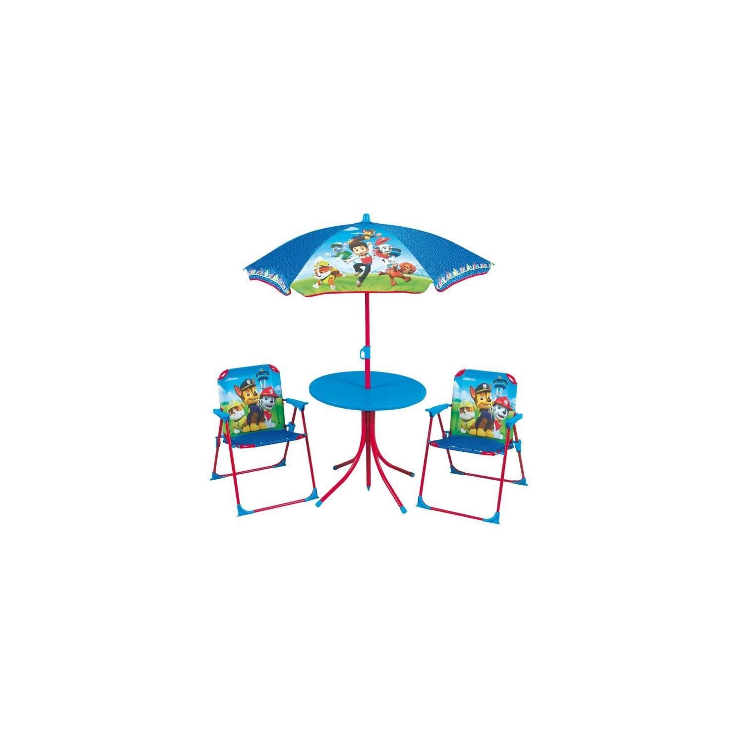 Fun House | Salon De Jardin Pat Patrouille Bleu pour Enfant | Table Ø46 Cm + 2 Chaises Pliantes + Parasol Ø100 Cm | Licence Officielle | Mobilier Acier Extérieur | Idée Cadeau Plen Air Dès 3 Ans