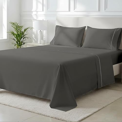 THREAD SPREAD Juego de sábanas de lujo de la serie 2000 de 100 % algodón egipcio tamaño King (4 piezas, gris oscuro), suave y refrescante, tejido de