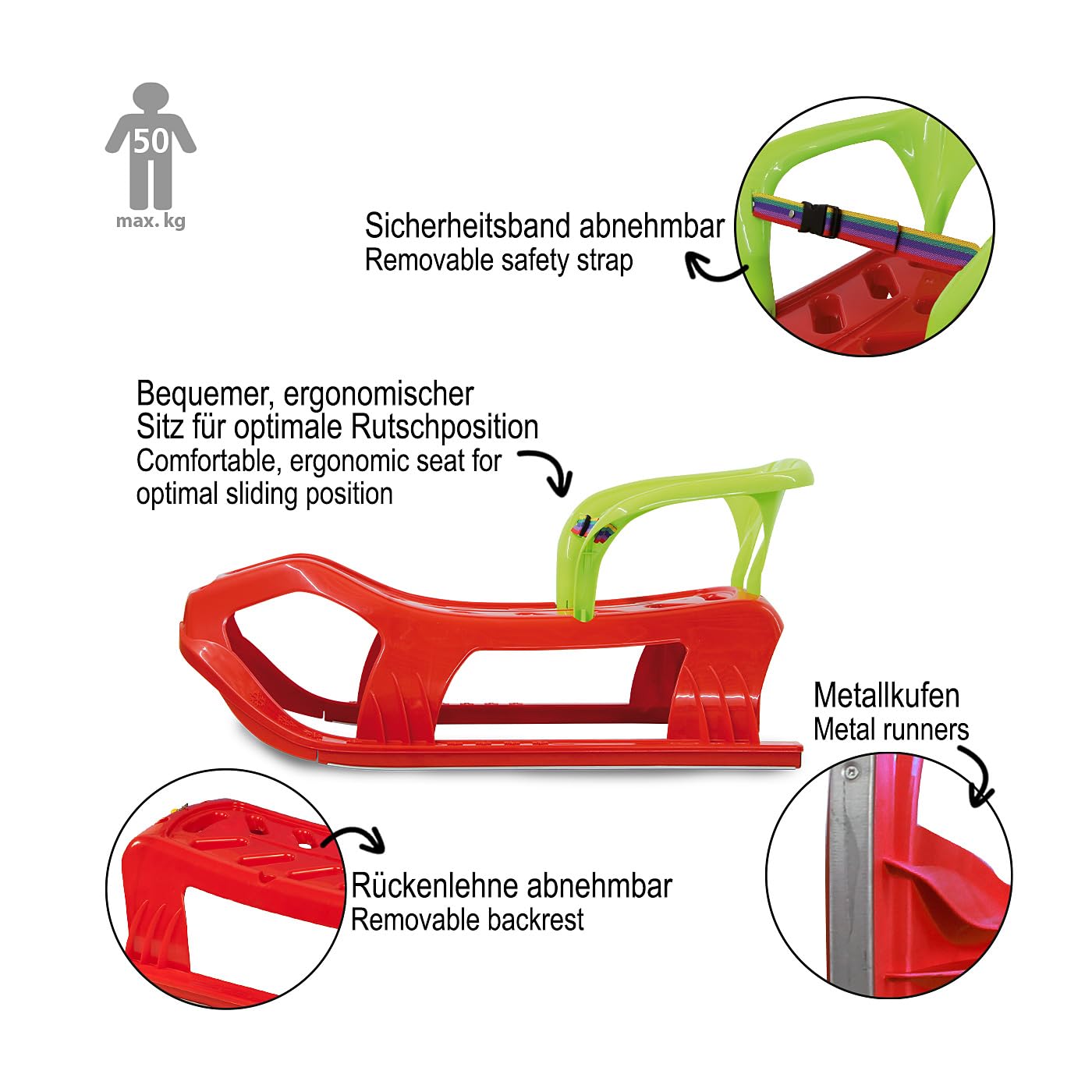 Jamara 460366 - Snow Play Trineo con Respaldo Snow-Star 90 cm Rojo – Protección contra vuelcos, Ligero