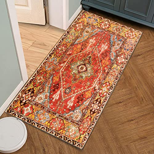 Leevan Boho Trible Throw Rugs 2X4.3 Persian Oriental Floral Hallway Runners Non-Slip Non-Shedding Indoor Machine Washable Vintage Accent Rug Floor Carpets For Kitchen Bathroom Living Room-Orange #TOP6