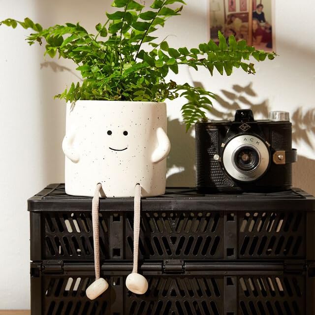 SparkDazzle Rope Legs Sitting Indoor Succulent Planter, Unique Cute Flower Pot with Face, Decorative Plant Pot 4 Inch (White)