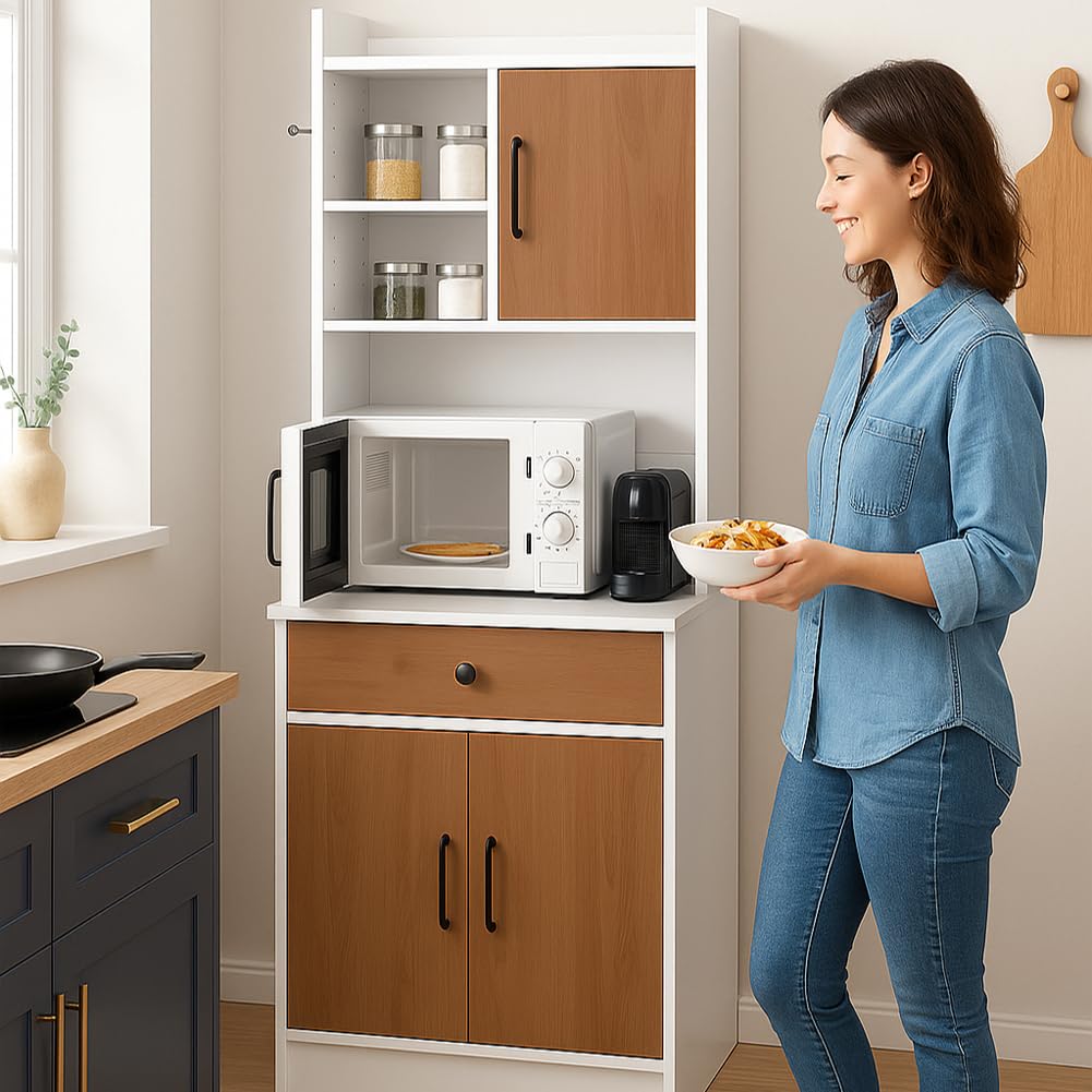 BAKAJI Armadio da Cucina Alto Multiuso, Credenza Mobile da Soggiorno, Sala da Pranzo, Salvaspazio, Sistema di Sicurezza, Mobiletto Dispensa con 2 Ante e 1 Cassetto, 55 x 40 x 180 cm (Bianco e Quercia)