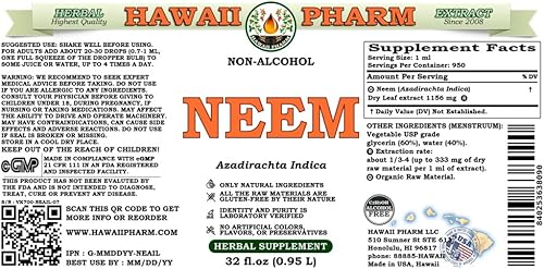 Miniatura 7 de Extracto líquido sin alcohol de Neem, suplemento herbario natural de glicerita de hoja seca de neem orgánico (Azadirachta Indica), Hawaii Pharm, EE.