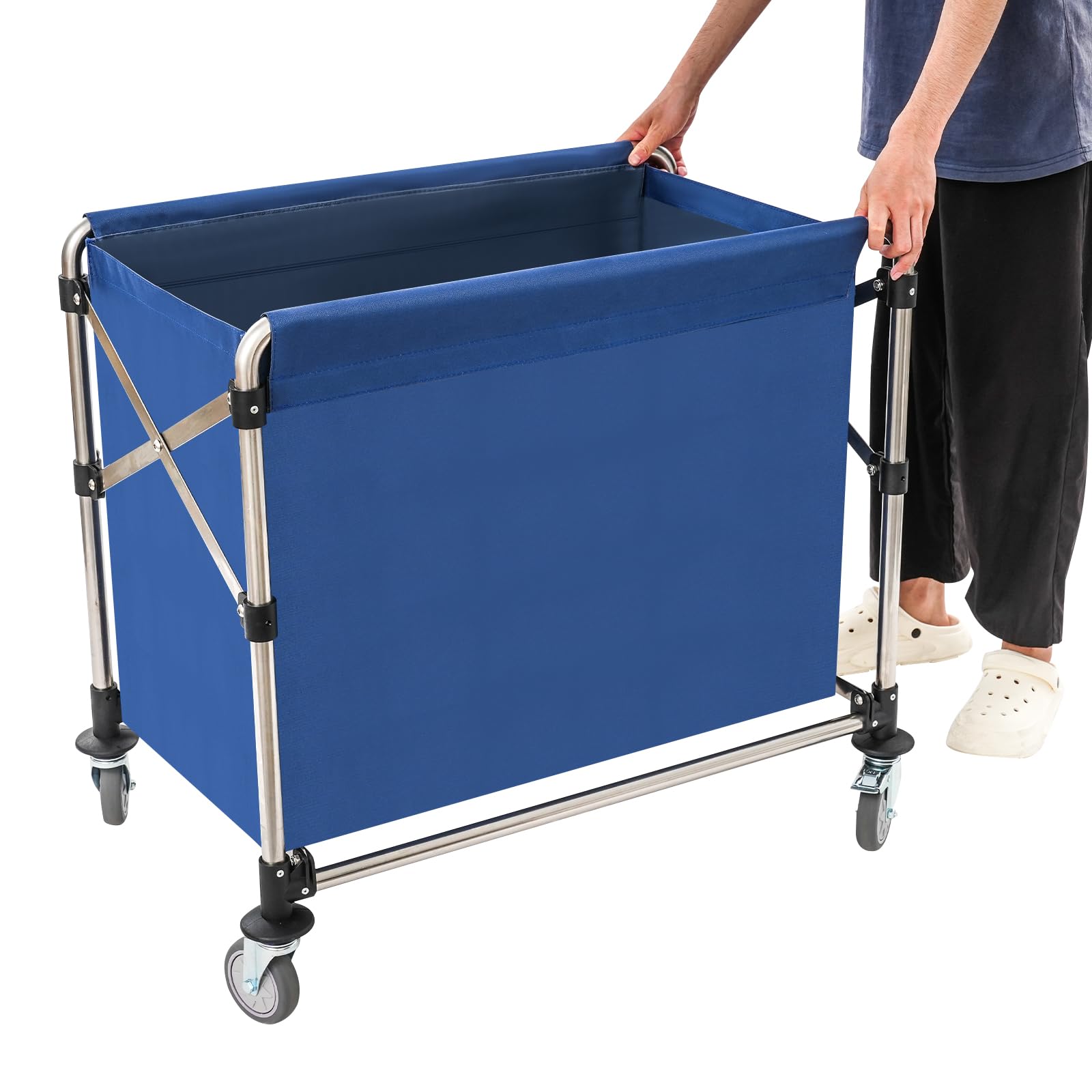 87 x 52 x 78cm Edelstahl Wäschewagen, Klappwagen Aufbewahrungswagen Wäschesortierwagen Wäschekorb Wasserdicht für Home Hotel mit Rahmen 4 Rollen 1 Aufbewahrungstasche Schraubenschlüssel