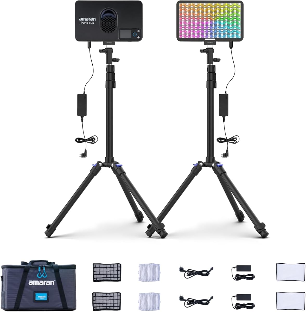 amaran Pano 60c 2-Light Kit Panel Lights,60W RGBWW Full Color Video Light | 2300~10000K Dimmable Photography Lighting Kit w/Light Stand for Video Recording,Game Streaming LED Studio Light(Charcoal)