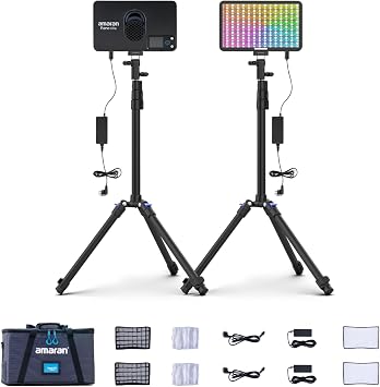 amaran Pano 60c 2-Light Kit Panel Lights,60W RGBWW Full Color LED Video Studio Light,230010000K Dimmable Photography Lighting Kit w/Light Stand for Video Recording,Game Streaming Charcoal