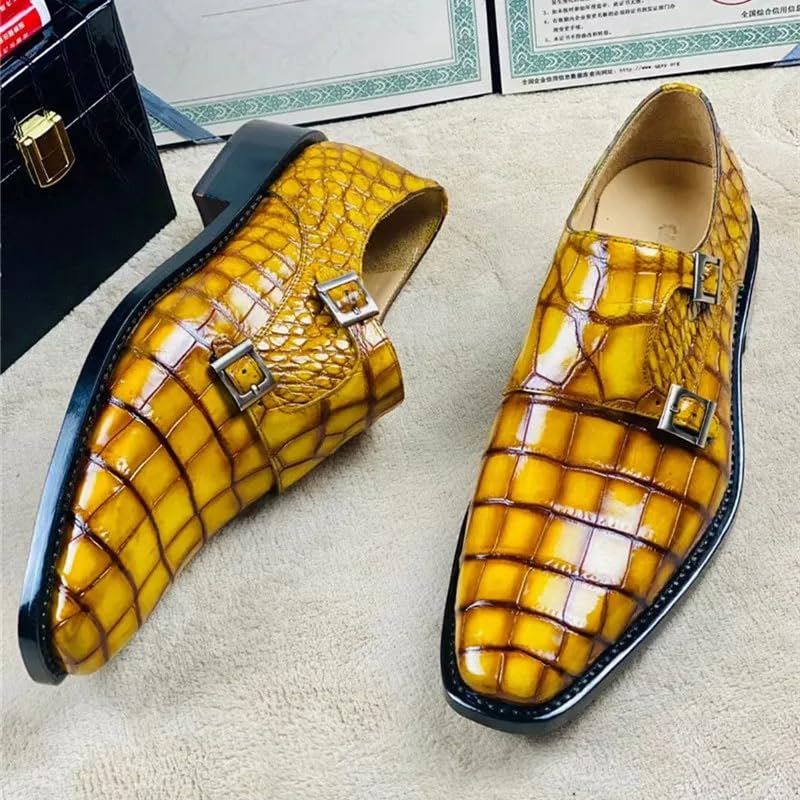Authentic Crocodile Belly Skin Square Toe Men's Gold Color Dress Shoes Genuine Alligator Leather Buckle Strap Male Party Oxfords2