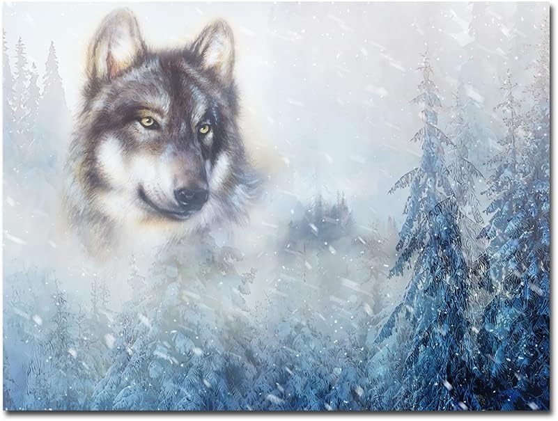 Wolf Canvas Wall Art Animal Picture Black and White Wolf Blue Forest Landscape Painting Modern Prints Ready to Hang 12x16 Inch
