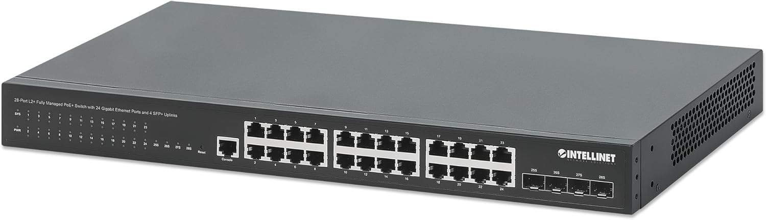 Intellinet 28-Port L2+ Fully Managed PoE+ Switch - with 24 Gigabit Ethernet Ports and 4 SFP+ Uplinks – 370W Power Budget, 30W per Port Max – 3 Yr Mfg Warranty – 561846