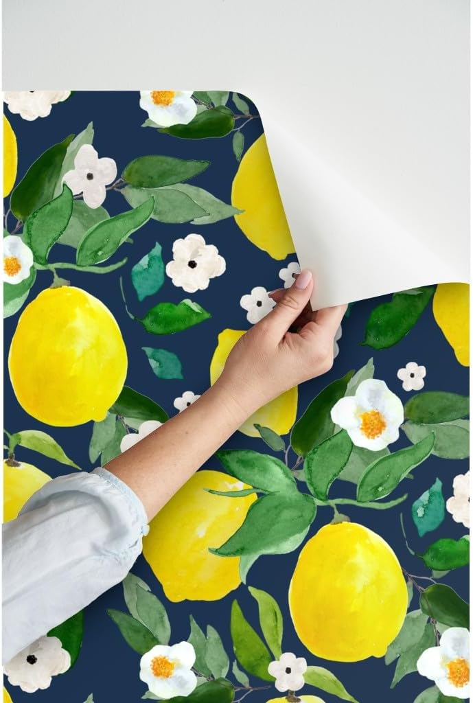 Peel & Stick Wallpaper 3ft x 2ft - Lemon Dark Blue Back Flowers Floral Spring Summer Garden Kitchen Custom Removable Wallpaper by Spoonflower