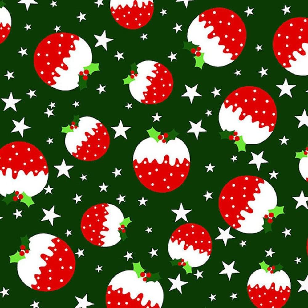 100% Polycotton Christmas Fabric - New Designs (Per Metre) - Xmas Snowflakes Gingerbread Men Stars - Dress Fabric - Simply Sew Crafty™ (Puddings on Green, 1 Mtr)