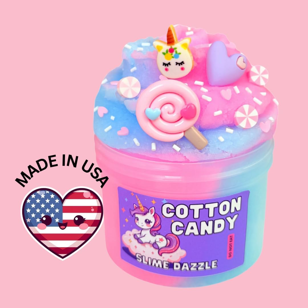 Cotton Candy Cloud Slime 8 oz – Pink & Blue Drizzly with Cotton Candy Scent – Includes Candy & Gummy Bear Charms + Sprinkles – Beginner Non-Sticky Sensory Toy Made in USA
