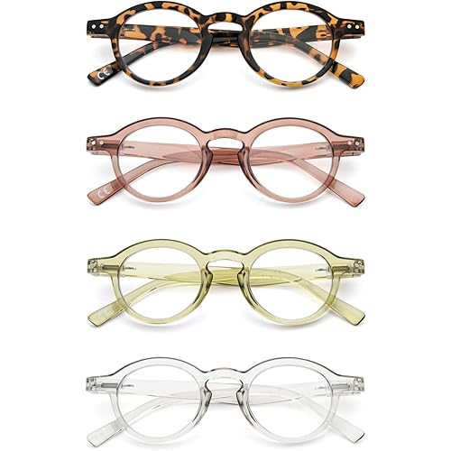 KoKoBin 4-Pack Small Round Reading Glasses Comfortable Readers Colored Stylish Frame for Women