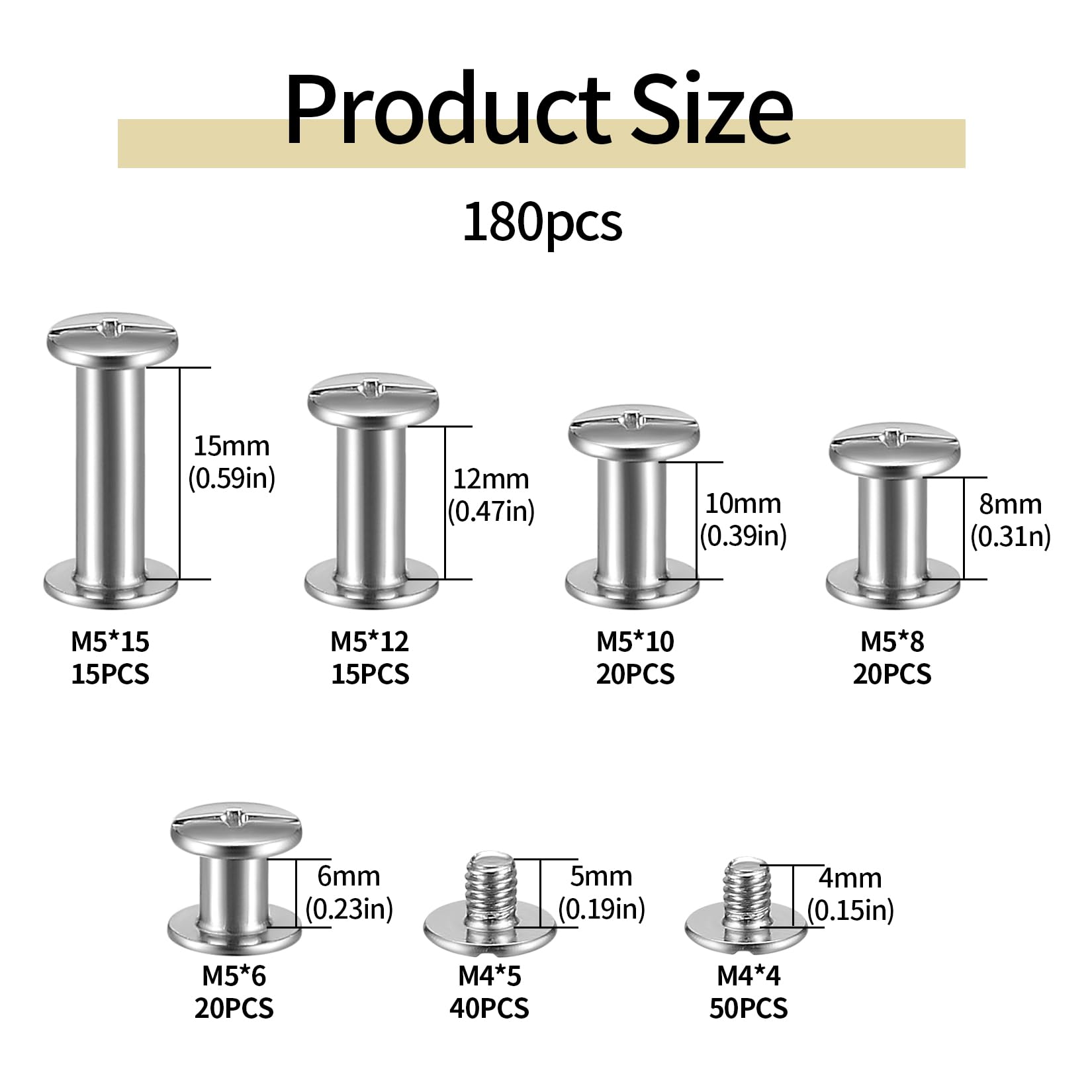 180 sztuk śrub Chicago, M4 M5 Wiązane śruby, Chicago Binding Screws, Nity do Bindowania Książek z płaską główką krzyżową, zatrzaski na guziki do książek Nity skórzane