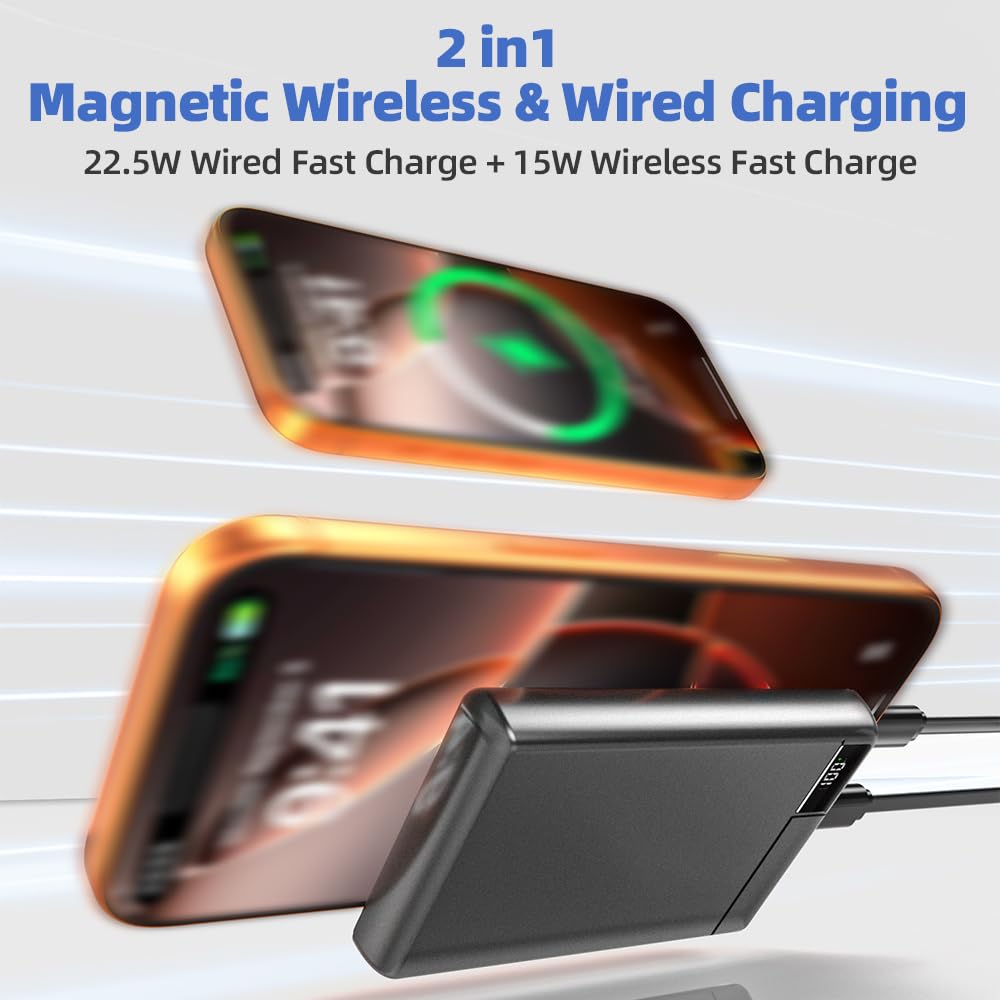 Batterie externe magnétique sans fil 10 000 mAh compatible avec MagSafe, 20 W PD USB-C Charge rapide, chargeur portable fin avec écran numérique pour smartphone, écouteurs et montre, finition