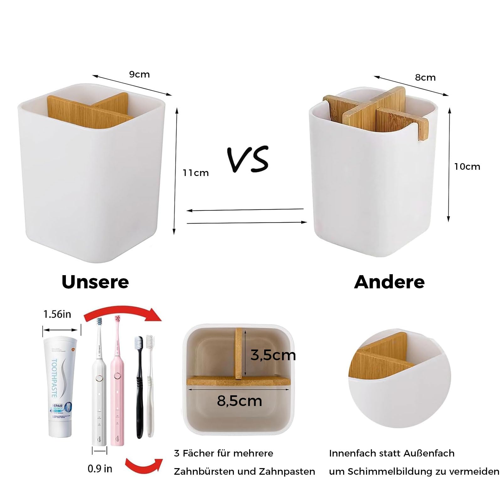 MOGADEE® Uchwyt na szczoteczki do zębów, Toothbrush Holder, kubek na szczoteczki do zębów z tworzywa sztucznego, 2 przegródki na szczoteczki do zębów + 1 pojemnik do przechowywania, na elektryczne