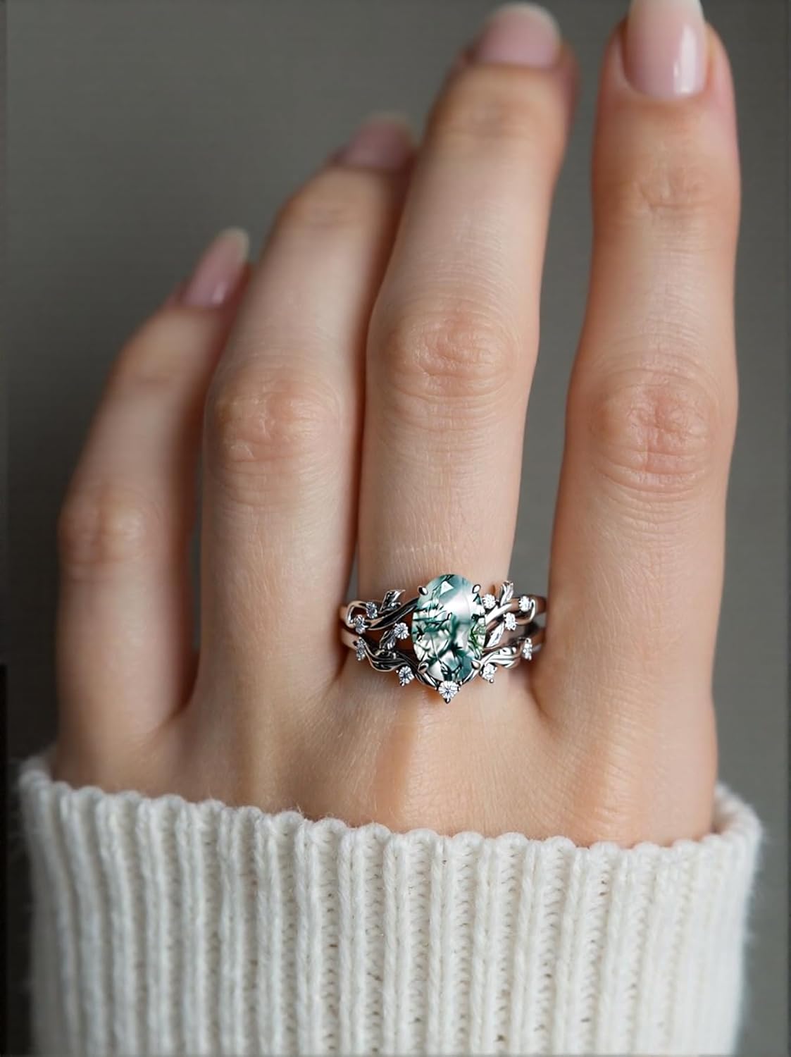 Natural Moss Agate Engagement Ring Set for Women, 925 Sterling Silver Pear/Heart/Hexagon Cut Moss Agate Bridal Wedding Rings Set Inspired Leaf Bridal Rings Set for Her Free Engraved