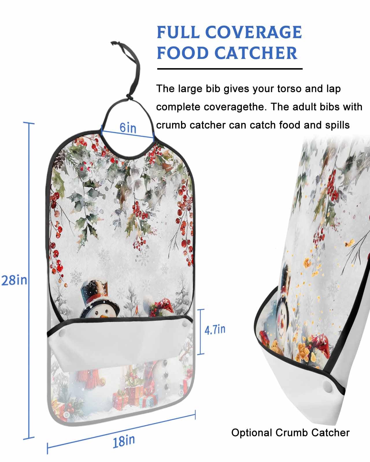 Christmas Snowma Adult Bib for Adults Men, Women, Fruit Berries Eucalyptus Leaf Snowflake Washable & Adjustable Terry Cloth Bib with Crumb Catcher Reusable Waterproof Clothing Clothes Protector Apron