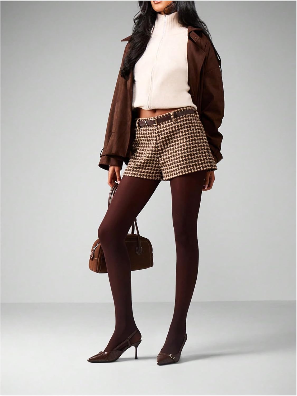 MakeMeChic Women's Houndstooth Print Belted Mini Shorts Straight Leg Winter Micro Shorts - Image 4