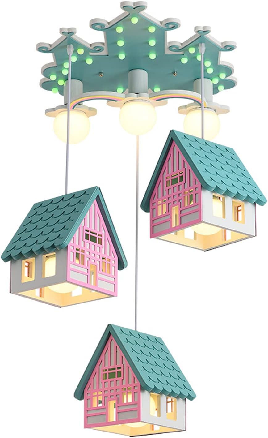 Creative Handmade Solid Wood Chandelier Children's Room Chandelier Cartoon Creative House-Shaped lampshade Wooden lamp Body Pink Princess LED Children's Room Chandelier Children's Room Bedroom Study