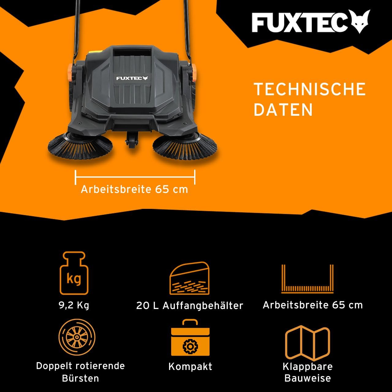 FUXTEC Handkehrmaschine FX-HK65, Kehrgerät für mittlere bis größere Außenbereiche, 650 mm Arbeitsbreite, 20 L Kehrbehälter, Flächenleistung bis ca. 2000 m², ergonomisches Design