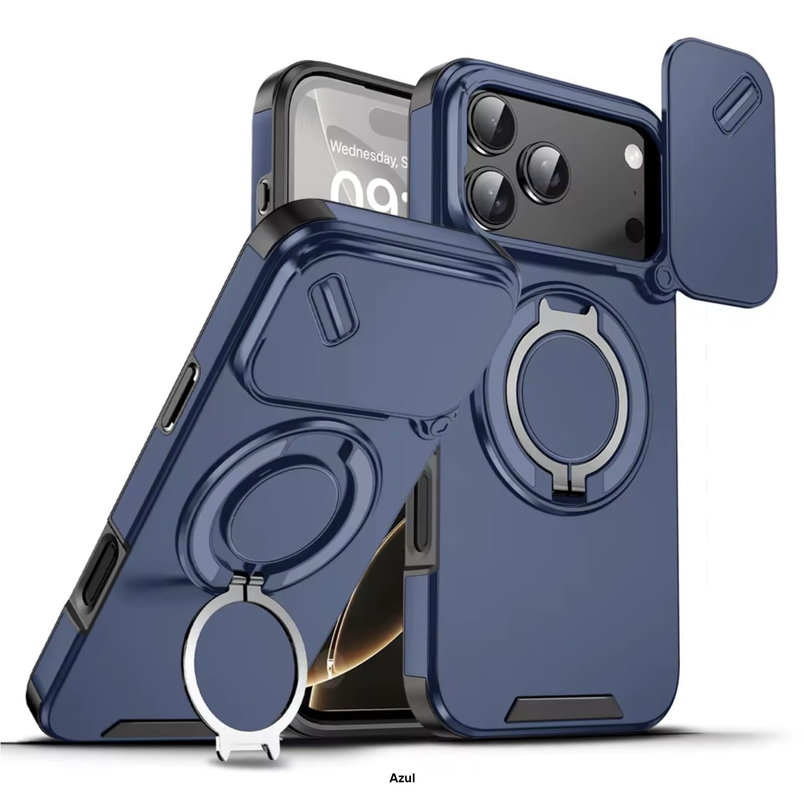 Funda de Lujo Mate Tipo Armadura con Soporte Magnético para iPhone 17 Pro Max Plus con Cubierta Deslizante para Protección de Cámara (Blue)