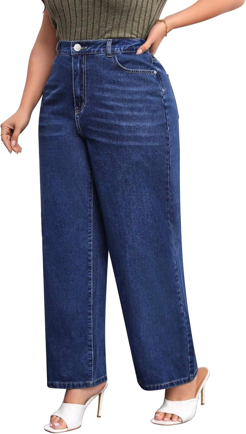 Plus Size Wide Leg Jeans for Women High Waist High Stretchy Extra Full Length Denim Jeans Pants Dark Blue - Image 3