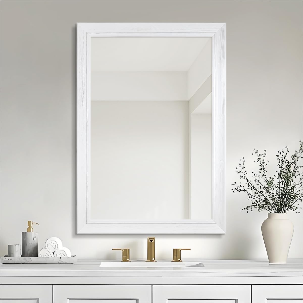 36 x 60 Rustic Wooden Framed Wall Mirror for Bathroom, White Wood with Orange Grain Vanity Rectangle Mirror for Over Sink, Waterproof, Decor Living Room, Bedroom, Entryway, Horizontal/Vertical
