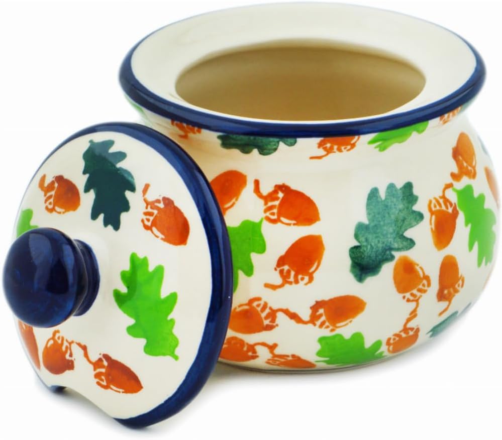 Polmedia Polish Pottery Sugar Bowl 7 oz - Frenzy Of Acorns Pattern Handmade in Boleslawiec Poland + Certificate of Authenticity