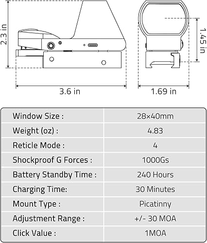 Miniatura 7 de CVLIFE FoxSpook - Mira refleja recargable, mira de punto rojo de 0.4 x 1.57 pulgadas, 4 retículas ajustables con soporte Picatinny, alcance de punto