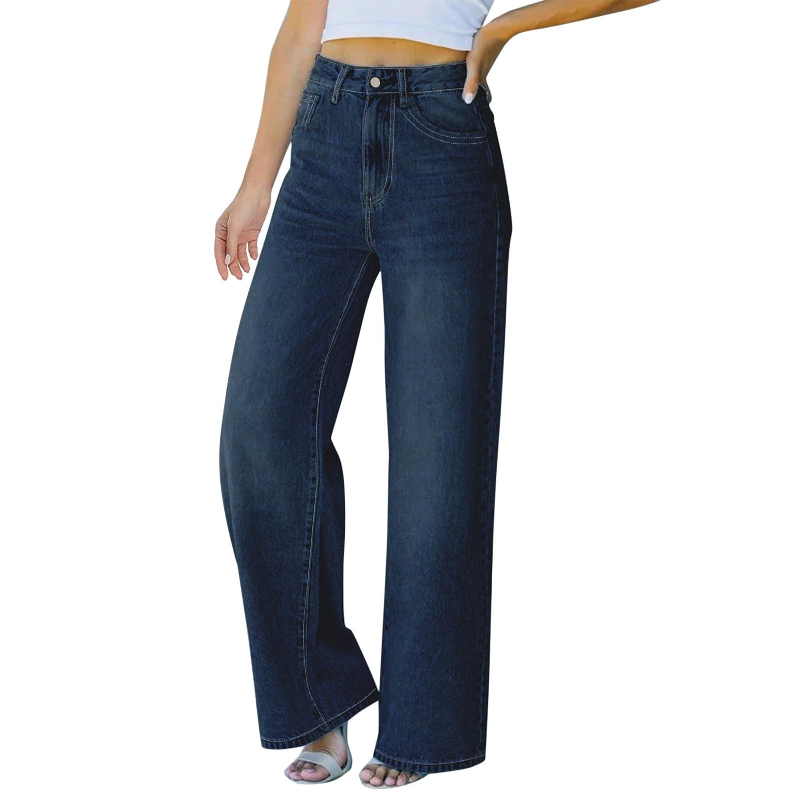 Generisch Wide Leg Jeans da donna dritti stretch a vita alta, eleganti jeans da donna vintage Y2K Streetwear basic casual jeans grandi taglie da jogging baggy jeans pantaloni outdoor con tasche