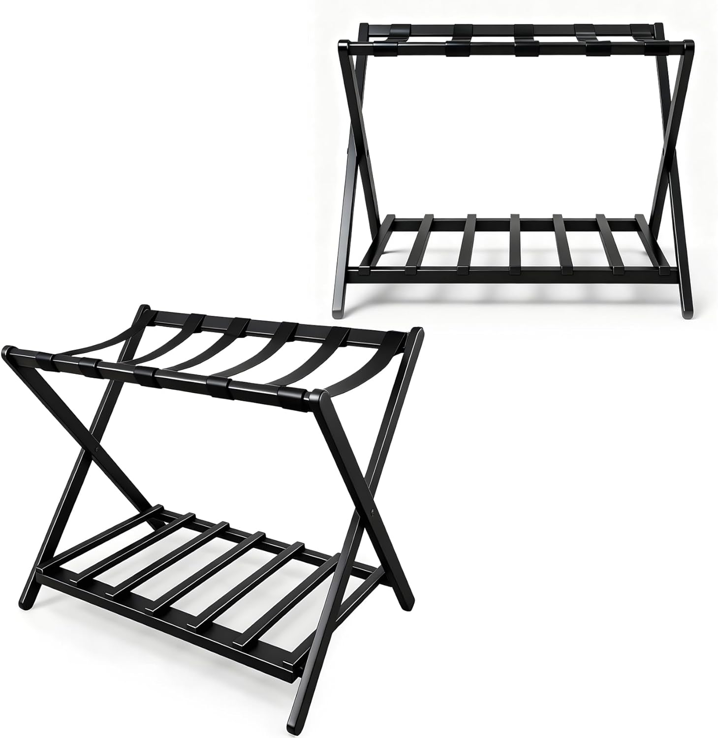 Fully Assembled Luggage Rack for Guest Room, Upgraded Metal Foldable Suitcase Stand with 6 Nylon Straps and Shoe Shelf (Nylon Black 2PCS)