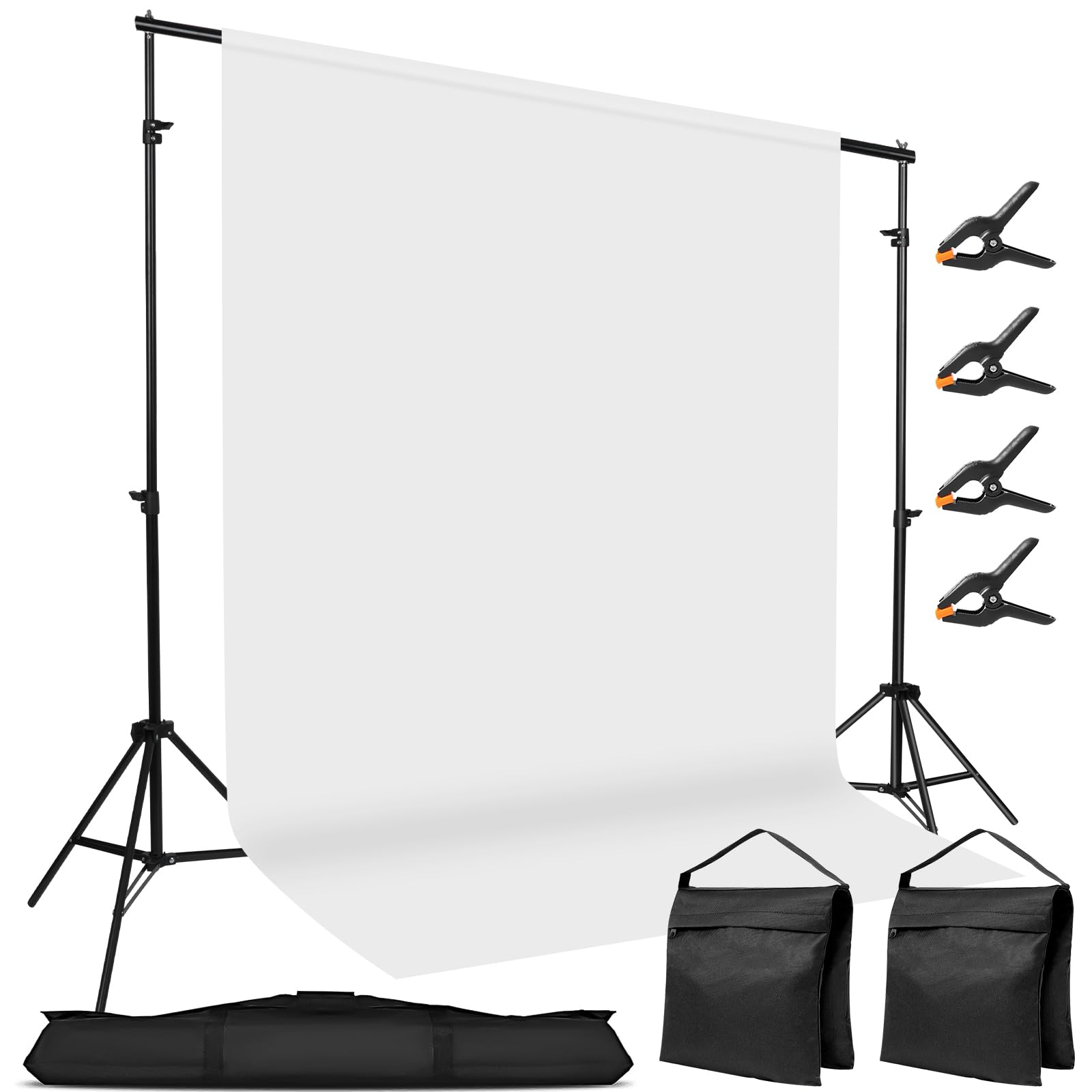 10x7ft Adjustable Photography Backdrop Stand Kit – Photo Studio Background Support with 4 Crossbars, 4 Clamps, 2 Sandbags, (with 10 * 7 Feet White Backdrop Curtain)